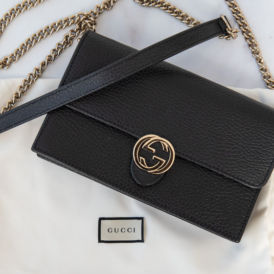 Gucci Black Leather Interlocking G Dollar Wallet On Chain Crossbody Bag