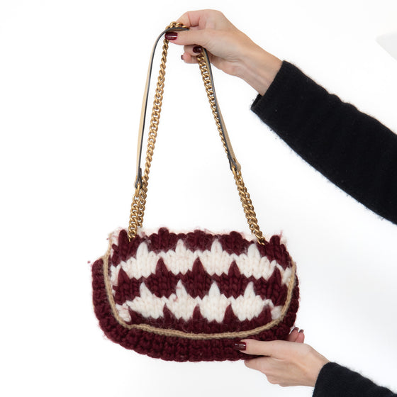 Gucci Marmont Burgundy Crochet Houndstooth Wool Shoulder Bag