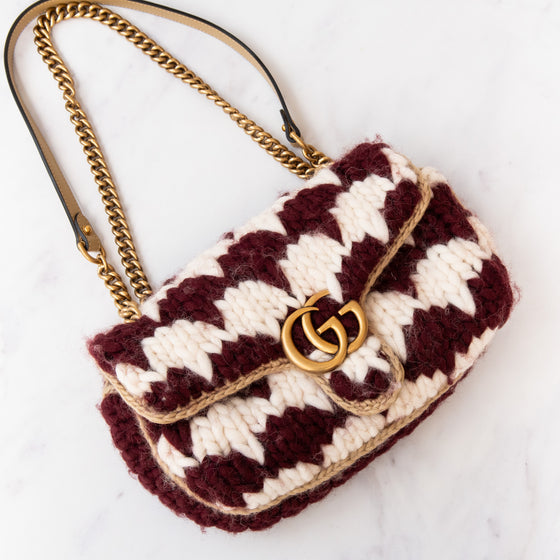 Gucci Marmont Burgundy Crochet Houndstooth Wool Shoulder Bag