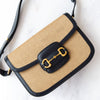 Gucci Navy Horsebit 1955 Raffia And  Leather Shoulder Bag
