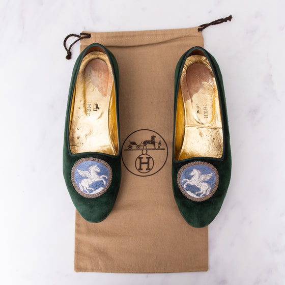 Hermes Green Velvet Flat Pumps