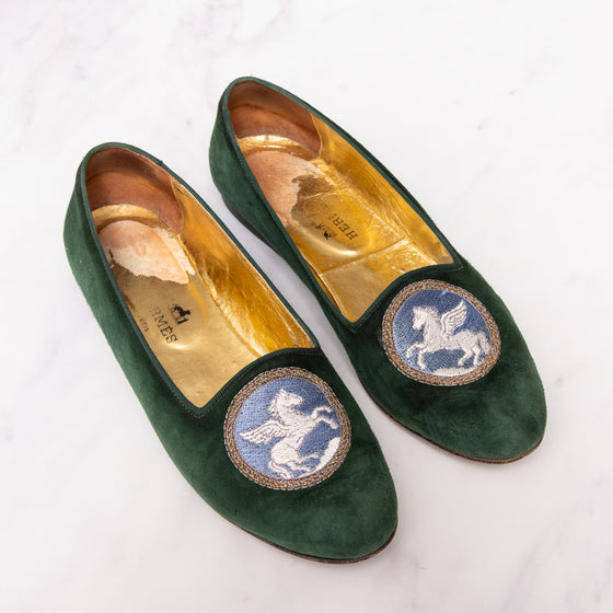 Hermes Green Velvet Flat Pumps