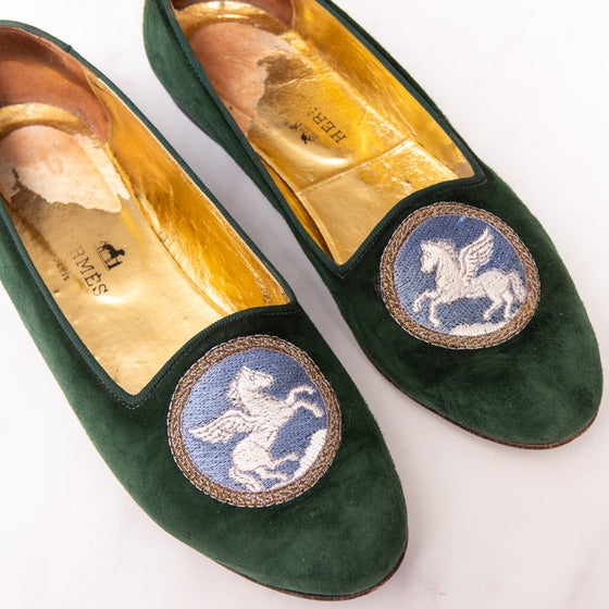 Hermes Green Velvet Flat Pumps