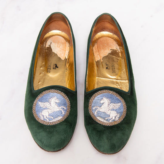 Hermes Green Velvet Flat Pumps