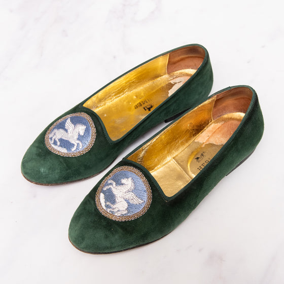 Hermes Green Velvet Flat Pumps