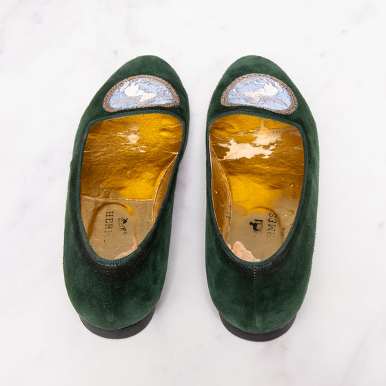 Hermes Green Velvet Flat Pumps