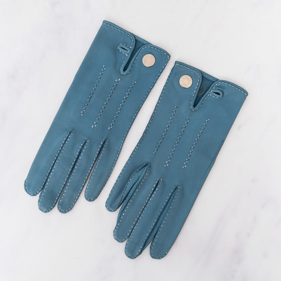 Hermes Blue Jean Leather Clou de Selle Gloves