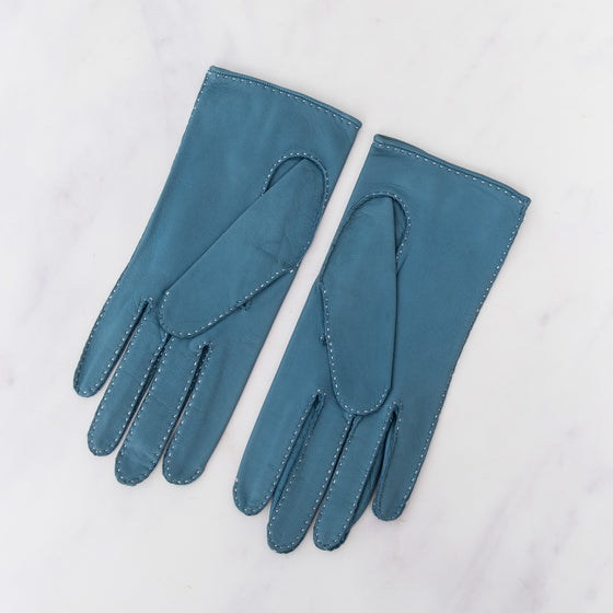 Hermes Blue Jean Leather Clou de Selle Gloves