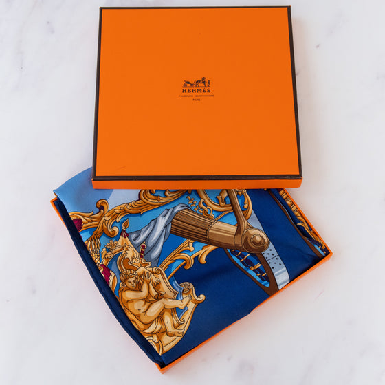Hermes Grand Carosse Pour Un Ambassadeur Blue Silk Scarf