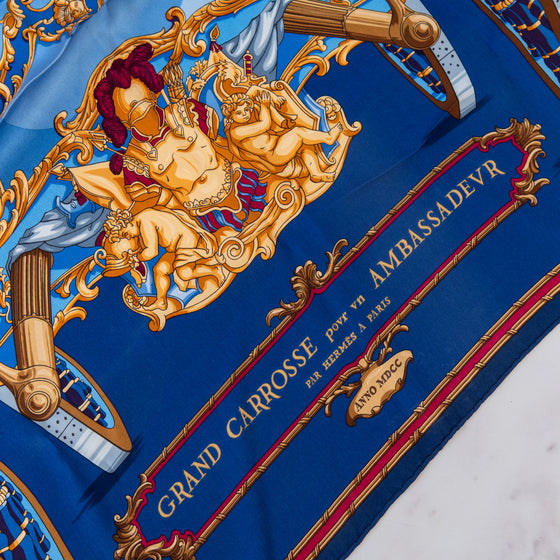 Hermes Grand Carosse Pour Un Ambassadeur Blue Silk Scarf