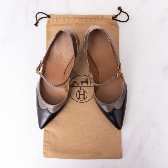 Hermès Tri Colour Black Grey Caramel Leather Heel Shoes