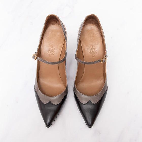 Hermès Tri Colour Black Grey Caramel Leather Heel Shoes