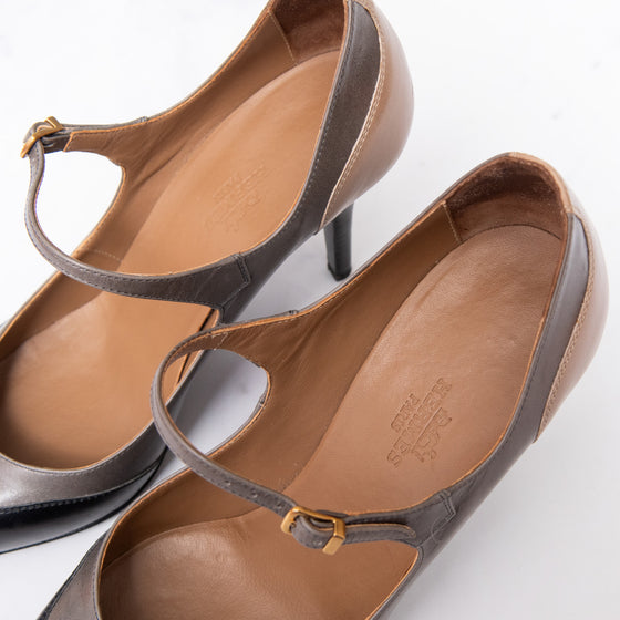 Hermès Tri Colour Black Grey Caramel Leather Heel Shoes
