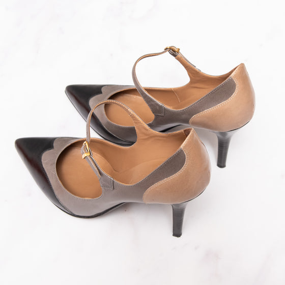 Hermès Tri Colour Black Grey Caramel Leather Heel Shoes