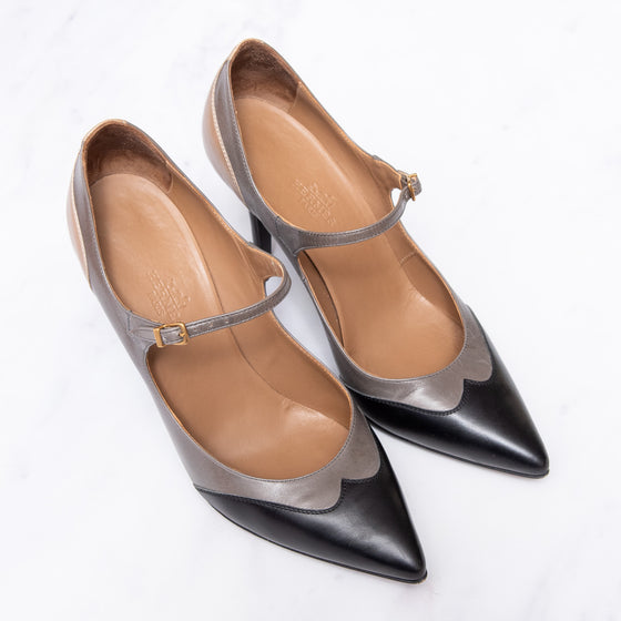 Hermès Tri Colour Black Grey Caramel Leather Heel Shoes