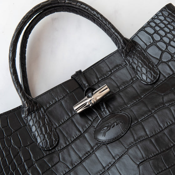 Longchamp Roseau Black Mock Croc Embossed Leather Tote Bag