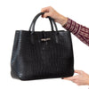Longchamp Roseau Black Mock Croc Embossed Leather Tote Bag