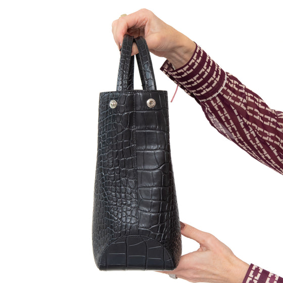 Longchamp Roseau Black Mock Croc Embossed Leather Tote Bag
