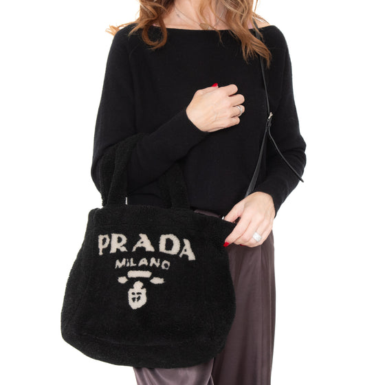 Prada Black Medium Shearling Tote Bag