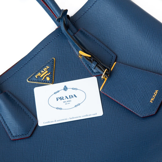 Prada Medium Deep Blue Saffiano Cuir Double Handle Tote Bag