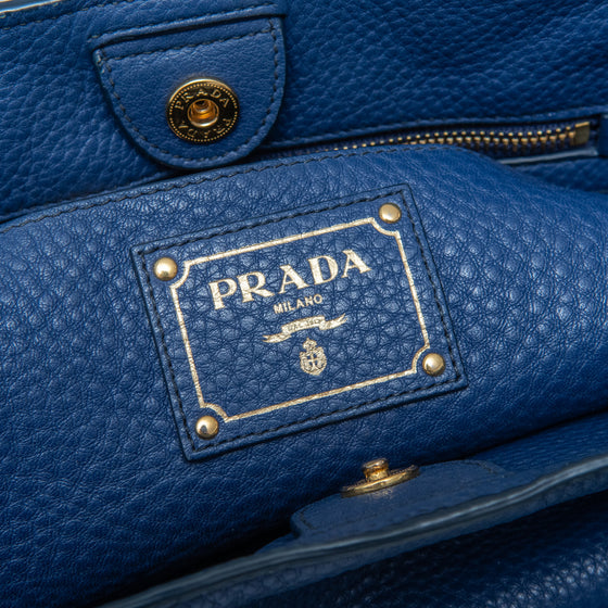 Prada Blue Vitello Daino Leather Shoulder Tote Bag