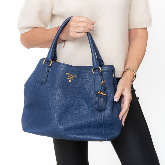 Prada Blue Vitello Daino Leather Shoulder Tote Bag