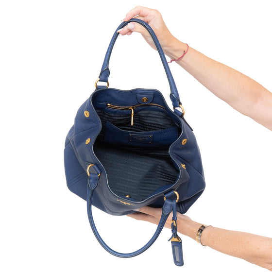 Prada Blue Vitello Daino Leather Shoulder Tote Bag