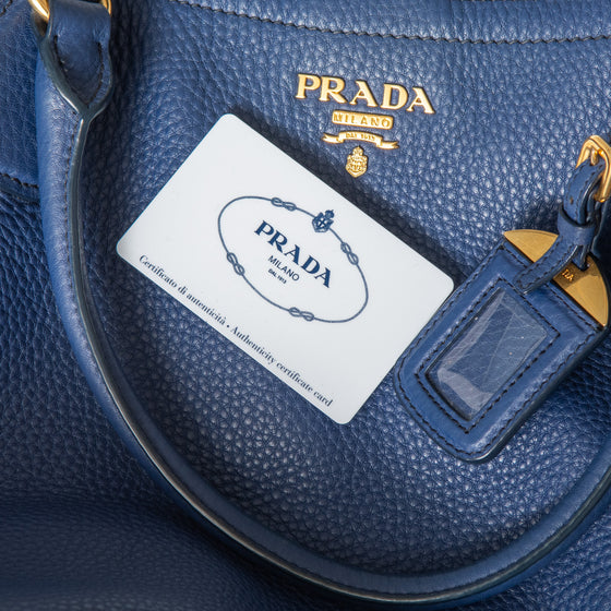 Prada Blue Vitello Daino Leather Shoulder Tote Bag