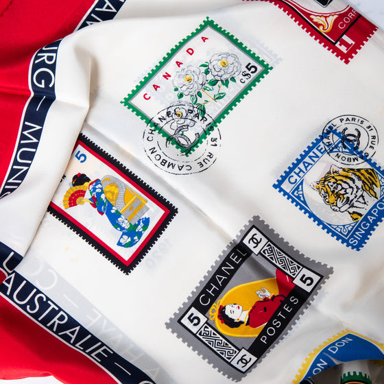 EVEYSPRELOVED Chanel Vintage Chanel Silk Stamps of the World Silk Scarf