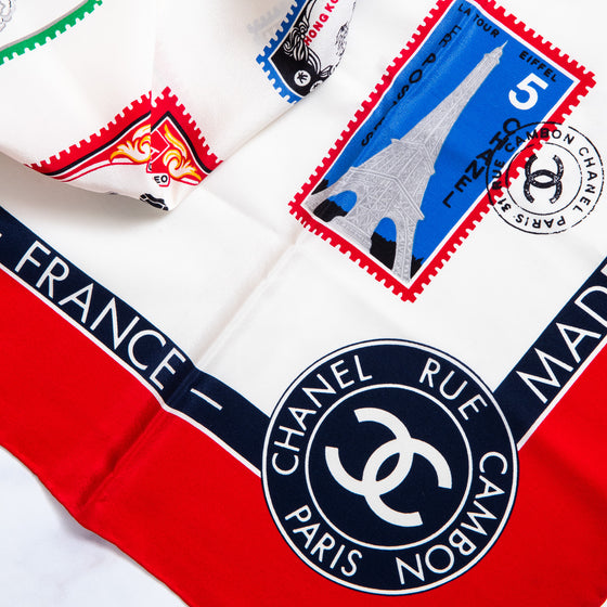 EVEYSPRELOVED Chanel Vintage Chanel Silk Stamps of the World Silk Scarf