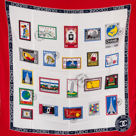 EVEYSPRELOVED Chanel Vintage Chanel Silk Stamps of the World Silk Scarf