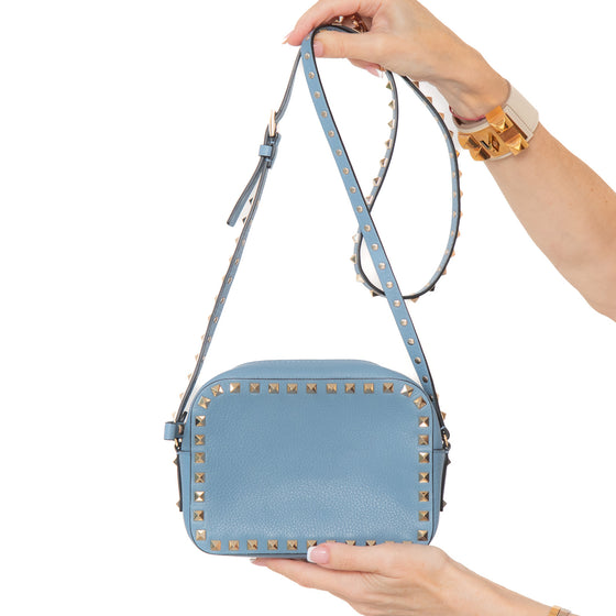 Valentino Garavani Rockstud Baby Blue Leather Camera Crossbody Bag