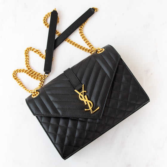 Saint Laurent Medium Black Quilted Embossed Leather Envelope Bag