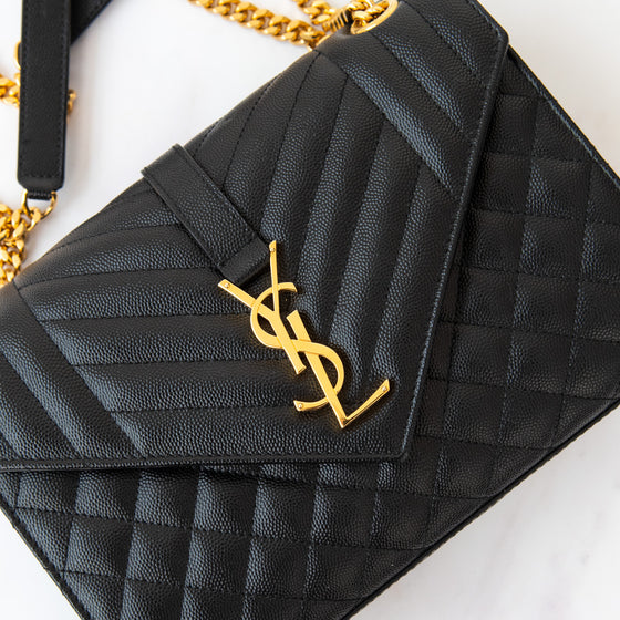 Saint Laurent Medium Black Quilted Embossed Leather Envelope Bag