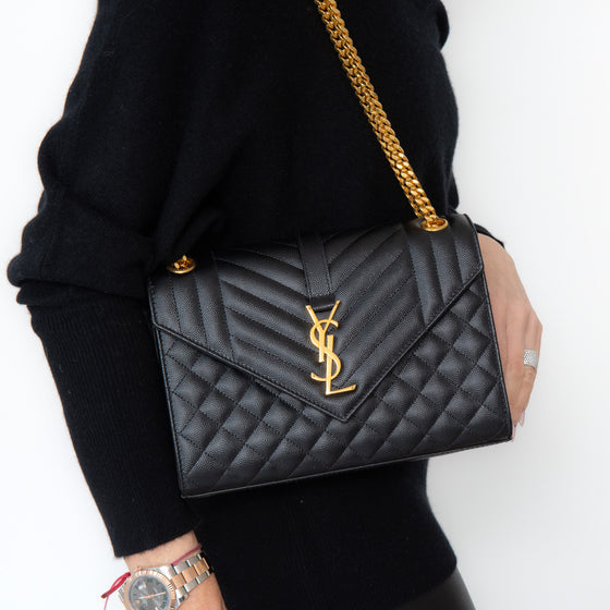 Saint Laurent Medium Black Quilted Embossed Leather Envelope Bag