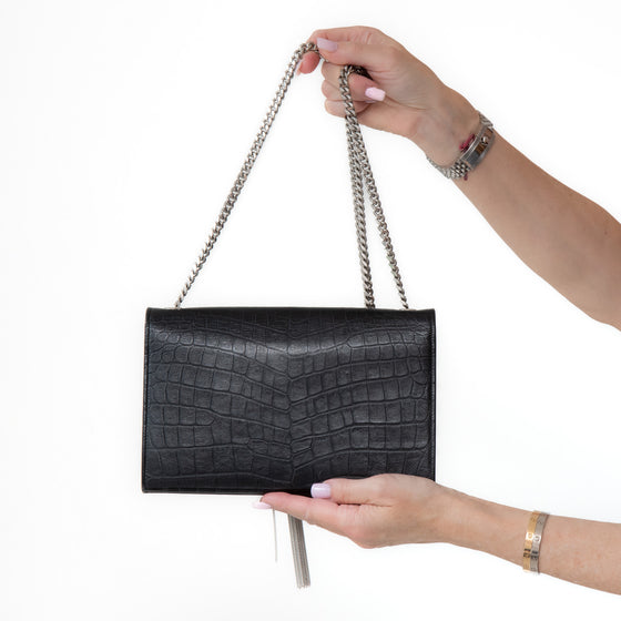 Saint Laurent Kate Black Mock Croc Monogram tassel bag – EVEYSPRELOVED