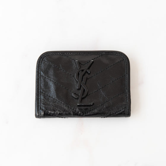 Saint Laurent Crinkled Calfskin Matelasse Monogram Niki Fold Wallet