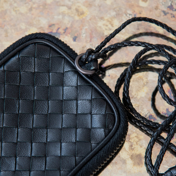 Bottega Veneta Black Intrecciato Leather Zip Strap Pouch