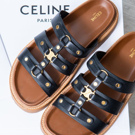 Celine Black Leather Tippi Slider Sandals