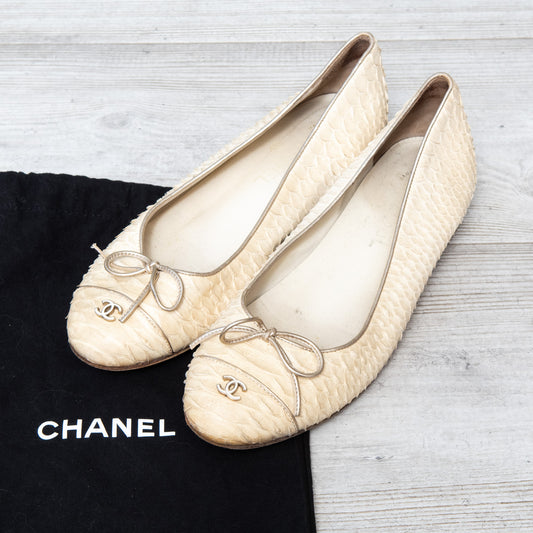 Chanel Beige Python Leather Ballet Pumps