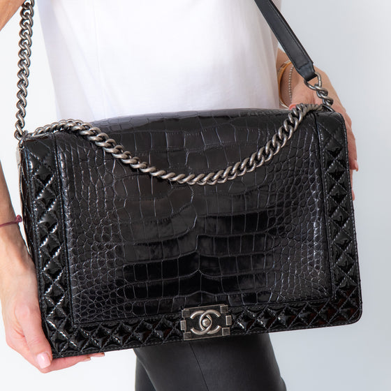 Chanel Black Large Reverso Aligator And Patent Boy Bag