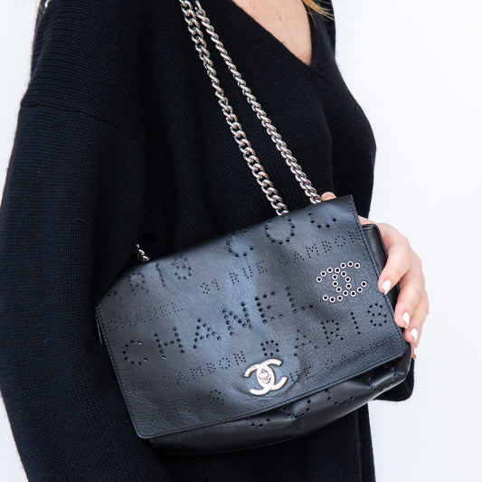Chanel Black Leather Eyelet Flap Bag