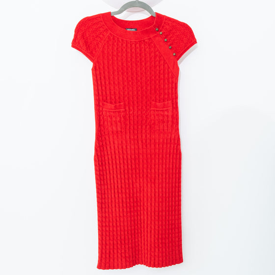 Chanel Red Boucle Knit Midi Dress