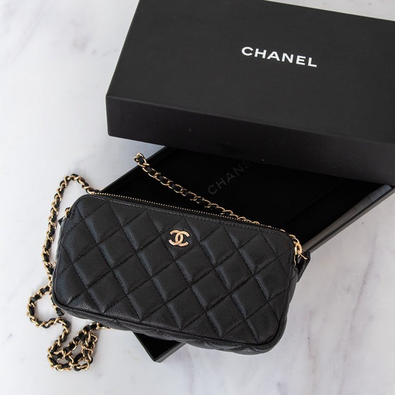 Chanel Black Caviar Leather Double Zip Crossbody Bag
