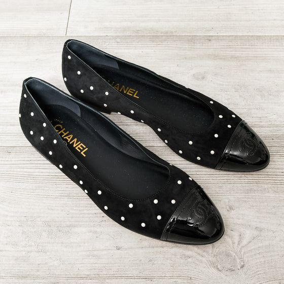 Chanel Black Suede And Simulated Pearl Ballet Shoes