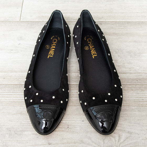 Chanel Black Suede And Simulated Pearl Ballet Shoes