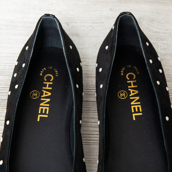 Chanel Black Suede And Simulated Pearl Ballet Shoes