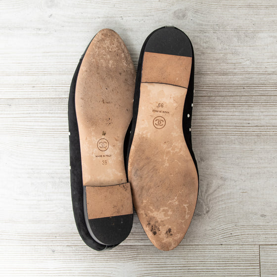 Chanel Black Suede And Simulated Pearl Ballet Shoes