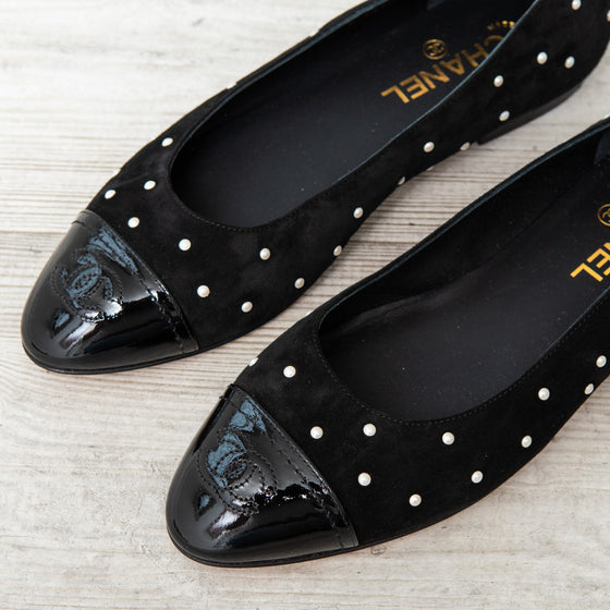 Chanel Black Suede And Simulated Pearl Ballet Shoes