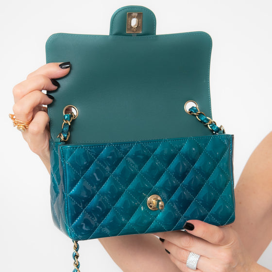 Chanel Blue Green Patent Mini Rectangular Flap Bag